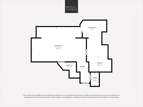 Floor plan for studio, 1 bath, 623 sqft